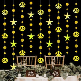 4 Pieces 4.9 ft (4 m) Long Sea Element Birthday Garland (Total Length 5.6 ft (16 m) Gold Garland, Paper Garland, Starfish Shape, Seashell Shape, Sea Bottom Party, Interior Decoration, Room Decoration,
