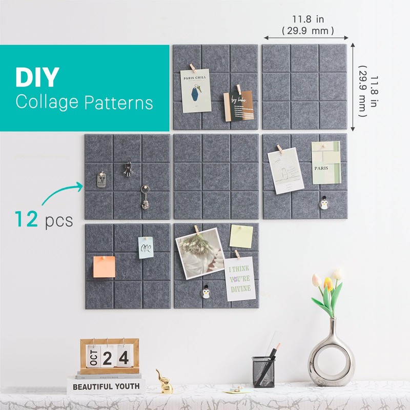 Large Cork Board, 12 Pack Felt Wall Tiles with Safe