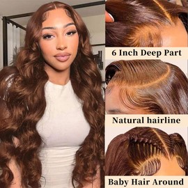 UYGLJK 13x6 Chocolate Brown Lace Front Wig Human Hair 24 Inch HD Transparent Body Wave Pre Plucked Glueless Wig Colored Human Hair Wigs for Women