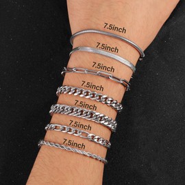 Ritach 7 Pcs Stainless Steel Bracelets for Men Women Cuban Link Bracelet Rope Paperclip Chain Bracelets Set 7.5/8.0 Inches Mens Metal Bracelets Silver Bracelets