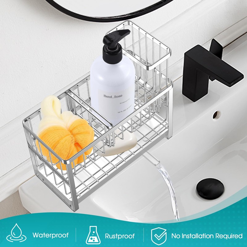 Sinnsally Kitchen Sponge Holder,Sink Caddy Organizer with High Brush Holder,Stainless
