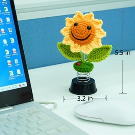 Levvohd Sunflower Car Accessories Dashboard Decorations, Crochet Smiley Shaking Sun Flowers Bobblehead Cars Decor for Women, for Cute Girl Interior Desk Ornaments Gifts (H 5.2 in)
