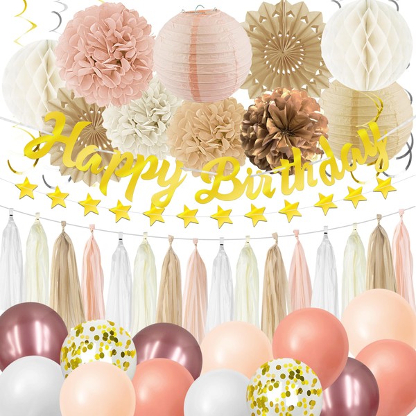 58PCS Boho Birthday Party Decorations Gold Brown Pink White Tissue