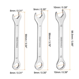 HARFINGTON 3pcs Thin Combination Wrench 8/9/10mm Offset 6-Point Ended Box & 15° Angled Open End Mini Combination Wrench 30Cr13 Stainless Steel Quenching Polish Metric Spanner for Auto Repairs