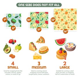 Akeeko Reusable Beeswax Food Wraps - Assorted 9 Packs, Reusable, Plastic-Free Food Storage, 4 Small, 3 Medium, 2 Large Wraps with Assorted Fruits Patterns