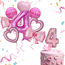 JonesLi 9-Pack Butterflies Candle and Bow Balloons Set，with 1 Pcs Number 4 Butterflies Candle，8 Pcs Pink Butterfly Bow Balloons Set，Suitable for Minnie Mouse Themed Party Decorations，Theme Party