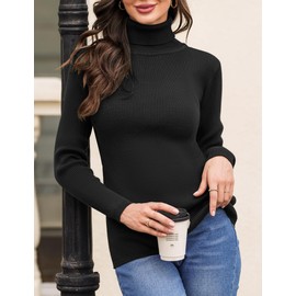 Aottori Black Turtle Neck Tops for Women Knitted Jumpers Ladies Long Sleeve Ribbed Knit Sweater Winter Warm Pullover Tunic Black L
