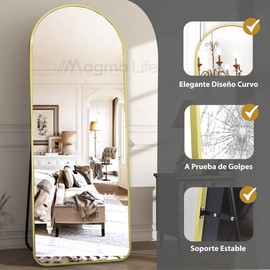 Espejo de Cuerpo Completo Magma Life Arqueado 162x52 cm - Marco de Metal Minimalista para Recámara y Sala - Dorado/Oro