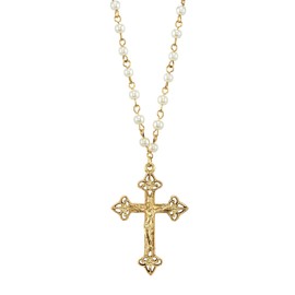 1928 Jewelry Women's Gold Tone 4mm Faux Pearl Chain Crucifix Cross Pendant Necklace 16" + 3" Extender
