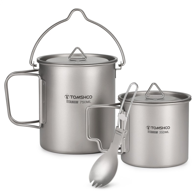 TOMSHOO Lightweight Titanium 3 Pieces Set Titanium 750ml Pot 350ml