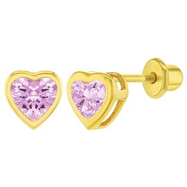 Gold Plated Pink Cubic Zirconia Small Heart Safety Screw Back Earrings for Toddlers and Little Girls 5mm - Beautiful and Gleaming Pink CZ Heart Earrings for Children