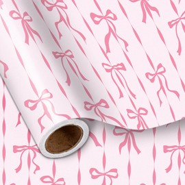 LeZakaa Pink Bow Wrapping Paper Roll - Pink Ribbon Bow Design Perfect for Valentine's Day, Girls Birthday, Bachelorette Party, Baby Shower - Mini Roll - 17 Inch x 16.5 Feet (23.2 sq.ft.)