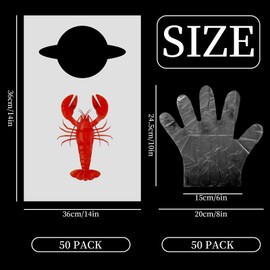Whaline 50Pcs Disposable Plastic Lobster Bibs with 50Pcs Gloves Crawfish Boil Bibs for Home Party Dining
