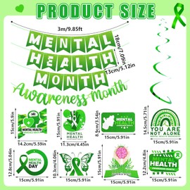 LIUBUJINGYING 51PCS Mental Health Awareness Decorations Including Pull Flags Spiral Cards Motivational Green Flags for Mental Health Therapist Party Supplies Indoor Outdoor Hanging Decorations
