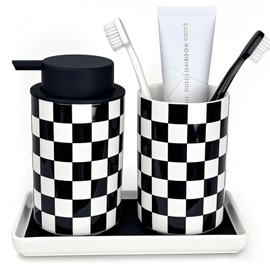 Bathroom Toothbrush Holder Set, Ceramic Soap Dispenser and Tooth Brush Holder Set, Modern Bathroom Accessories Sets Countertop, Black and White Checkered Bathroom Decor Set