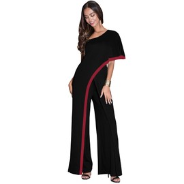 KOH KOH Plus Size Womens Short Sleeve Pockets One Off Shoulder Asymmetric Long Pant Pantsuit Romper Bridesmaid Wedding Guest Formal Work Office Jumpsuit Outfit, Black & Red 2XL 18-20