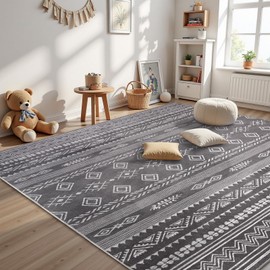 Terrug Boho Area Rug for Living Room, Dark Grey 5x7 Washable Rugs with Non Slip Backing for Bedroom, Soft Geomtric Stain Resistant Moroccan Carpet for Dining Room Floor Decor