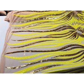 NEW CREATIONS FABRIC AND FOAM INC NEON YELLOW-GOLD ANGEL WINGS SEQUIN DESIGN  ON A NUDE 4 WAY STRETCH MESH-BY YARD