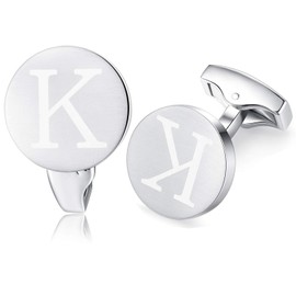Honey Bear Initial Alphabet Letter Cufflinks for Mens - Round for Wedding Business Gift,Brushed Silver (K)