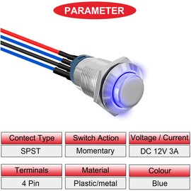MKBKLLJY 6pcs 12mm Blue LED Push Button Switch DC 12V 3A 4Pin 1NO SPST IP65 Waterproof Round Metal Switch Stainless Steel Button with Pre-Wiring for Automobile Car Marine Boat