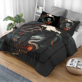 Pamnest Comforter Set Full Size, Asian Chinese White Soft 3 Pcs Bedding for Kids and Adults, Dragon Deep Animal Comforter Set with Pillowcase, for Bedroom Bed Decor