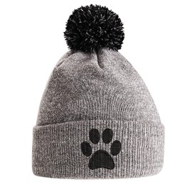 Cat Paw Print Hat - Bobble Beanie Hat - Cat Owner Gifts for Girls - Winter Beanie Hat with Cute Cats Paw Print Embroidered On The Front, One Size, Heather/Black