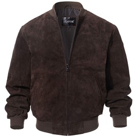 FLAVOR Men's Leather Baseball Jacket Vintage Suede Pigskin (XXX-Large, Dark Brown)