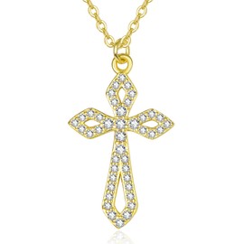 PRAYMOS Gold Cross Necklace for Women 925 Sterling Silver Women's Cross Necklace Cubic Zirconia Dainty Cross Necklace Women Christian Religious Jewelry, Sterling Silver, Cubic Zirconia