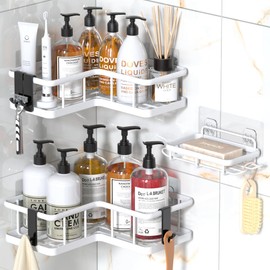 YASONIC 2024 New Corner Shower Caddy, 3-Pack Shower Organizer Corner with Soap Holder and 4 Removable Hooks, Rustproof Corner Shower Shelves, No Drilling Shower Shelf for Inside Shower, White