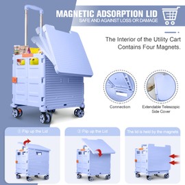 FELICON SELORSS Folding Utility Cart Portable Rolling Crate Handcart with Magnetic Sliding Lid Telescoping Handle Plastic Box Dolly 360°Swivel Wheels for Travel Shop Move Office Teacher Use(Blue Pro)
