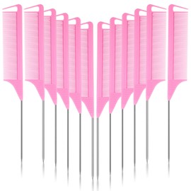 12 Pieces Parting Comb for Braids, Rat Tail Comb Pintail Comb Teasing Combs with Stainless Steel Pintail for Hair Styling Hairdressing (Pink)