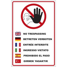 Sign "Betreten verboten" in Several Languages Aluminium / Dibond 200 x 300 mm - 3 mm Thick
