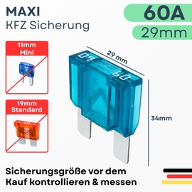 Tecside 60 A Car Maxi Fuse, 1 Piece, 29 mm Plug Fuse for Power Thief and Fuse Holder, 12 V, 24 V, 32 V Blade Fuse for Car, Boat, Motorcycle, Motorhome, Scooter, iMaXX maxiOTO F9060 Blue