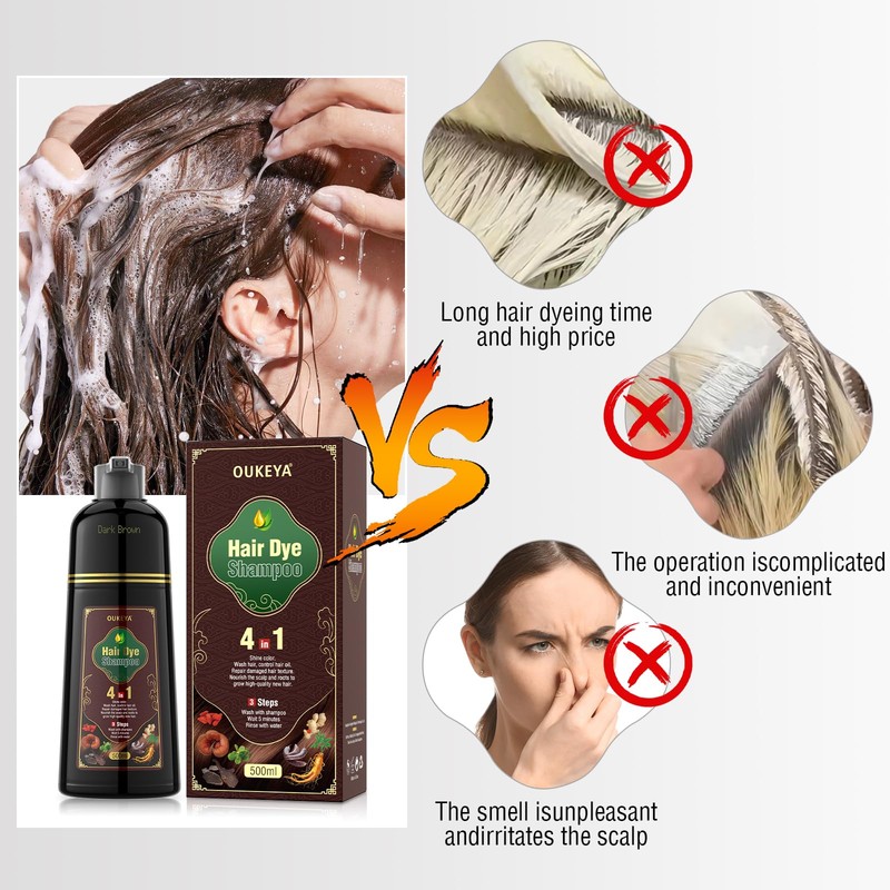 OUKEYA Dark Brown Hair Dye Shampoo Semi-Permanent Gray Coverage for