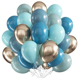 Blue Balloons, Blue and Gold Balloons,60pcs 12In Dusty Blue Teal Slate Blue and Aqua Blue with Gold Confetti Balloons Latex Balloons for Baby Shower Boho Birthday Brida Wedding Party Decorations