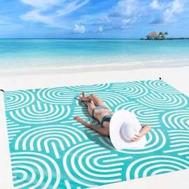 Beach Blanket Waterproof Sandproof, 9 Ft X 10 Ft Extra Large Sand Free Beach Mat, Big Compact Lightweight Quick Drying Picnic Blanket with 4 Stakes & Pockets for Camping, Travel, Hiking