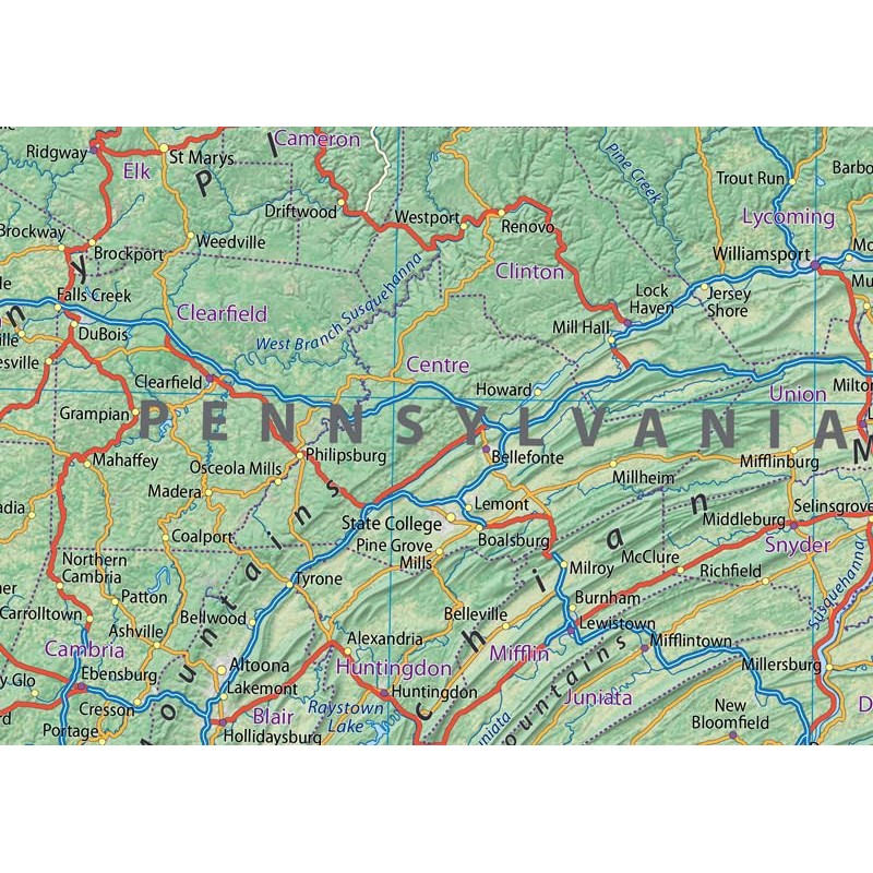 New York and Pennsylvania Physical Map - 23.3 x 16.5