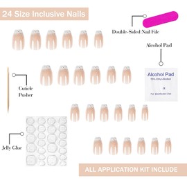 Press on Nails Medium Coffin OFDNE French Tip Fake Nails False Nails with Designs White Glitter Gradient Full Cover Glossy Glue on Nails Stick on Nails Acrylic Nails for Women Girls 24 Pcs