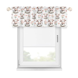 Wicbfdfv Cute Cows Pink Daisy Curtain Valance Farmhouse Cow Wild Flowers Leaves Small Drape Rod Pocket Spring Farm Animal Window Treatments for Kitchen Living Room Kids Room Bedroom 54x18 Inch
