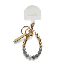 [ハシバミ] キーチェーン 天然石×ゴールドビーズスマホリング クラウディクォーツ FREE