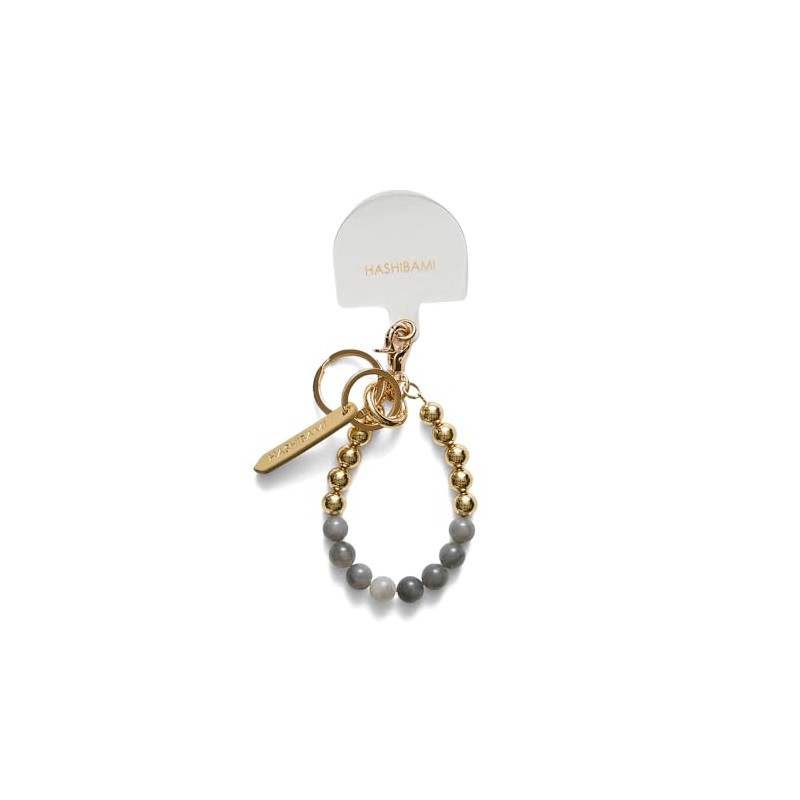 [ハシバミ] キーチェーン 天然石×ゴールドビーズスマホリング クラウディクォーツ FREE