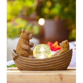 Goodeco Two brown bears rowing solar statue with solar ball in the middle of the boat, patio lawn garden Ornaments，Garden gifts for women/grandma