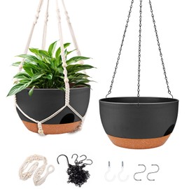 Hanging Planters for Outdoor Indoor Plants, 2 Pack 12 Inch Hanging Basket Plants Outdoor, Self Watering Hanging Planter with Plant Hanger for Garden Home Decoration (2 Type Plant Hangers Black)
