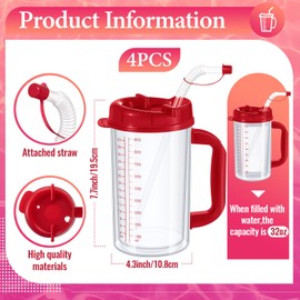 Kritkin 32 oz Hospital Water Cup with Straw and Lid Insulated Double Walled Water Cup with Handle and Straw Elderly Bottle Plastic Drinking Hospital Carafe Insulated Mug(Red,4)