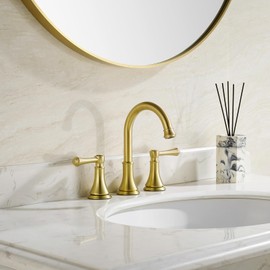 TimeArrow Brushed Gold 8 inch Widespread Bathroom Sink Faucet 3 Holes with Pop-Up Drain, 2 Handle Modern Bathroom/Vanity/Lavatory Faucet with Brass 360° Swivel Spout, TAF830Y-PB