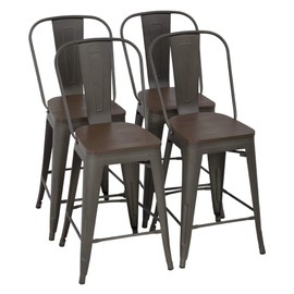 FDW Metal Bar Stool Set of 4 Counter Height Barstool with Back 24 Inches Wood Seat Height Industrial Bar Chairs Patio Stool Stackable Modern Kitchen Stool Indoor Outdoor Kitchen Stools (Bronze)