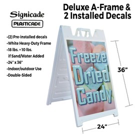 Freeze Dried Candy 24" x 36" Double Sided A-Frame Sidewalk Sign Includes 2 Installed Decals Foldable Portable White Signicade Sandwich Board Sweet Treats Unique Snacks Retail Promotions Made in USA