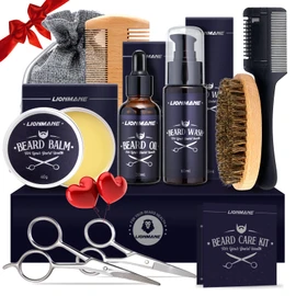 Beard Care Kit for Men, Father’s Day Gifts for Dad, LIONMANE Beard Grooming Kit-Beard Balm,Beard Wash & Oil,Comb,Brush,Scissors, Hair Thinning Comb,Anniversary Birthday Gifts for Him/Husband/Boyfriend