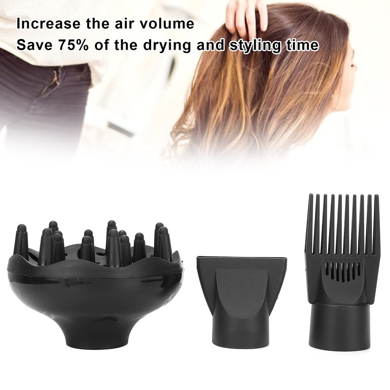 3Pcs Multifunction Blow Dry Nozzle Set Black Plastic Cordless Includes