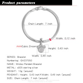 H&Beautimer Pure 925 Silver Bracelet Women's 3MM Snake Chain Mickey Pendant Bracelet Cute Jewelry 6.3-9'' Gift- Spring Buckle (Silver, 8 inches)